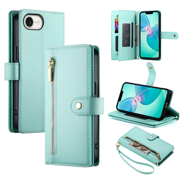 DF-011 For iPhone 16e Case Zipper Wallet PU Leather Crossbody Phone Bag - Mint Green