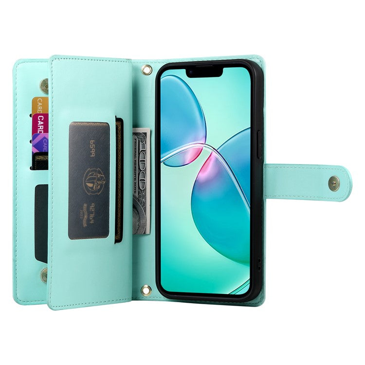 DF-011 For iPhone 16e Case Zipper Wallet PU Leather Crossbody Phone Bag - Mint Green