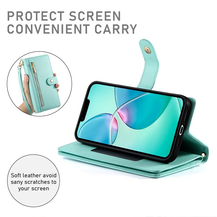 DF-011 For iPhone 16e Case Zipper Wallet PU Leather Crossbody Phone Bag - Mint Green