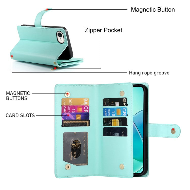 DF-011 For iPhone 16e Case Zipper Wallet PU Leather Crossbody Phone Bag - Mint Green