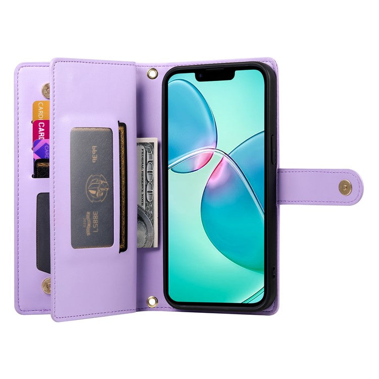 DF-011 For iPhone 16e Case Zipper Wallet PU Leather Crossbody Phone Bag - Purple
