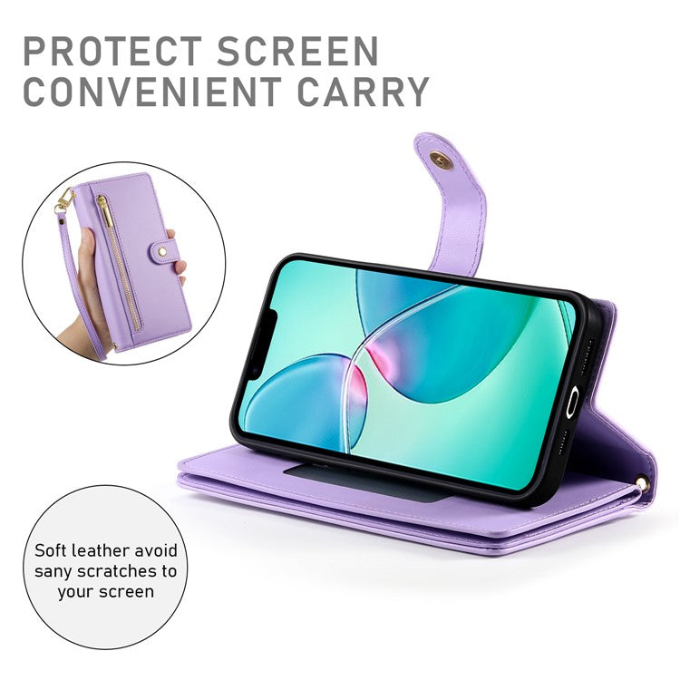 DF-011 For iPhone 16e Case Zipper Wallet PU Leather Crossbody Phone Bag - Purple