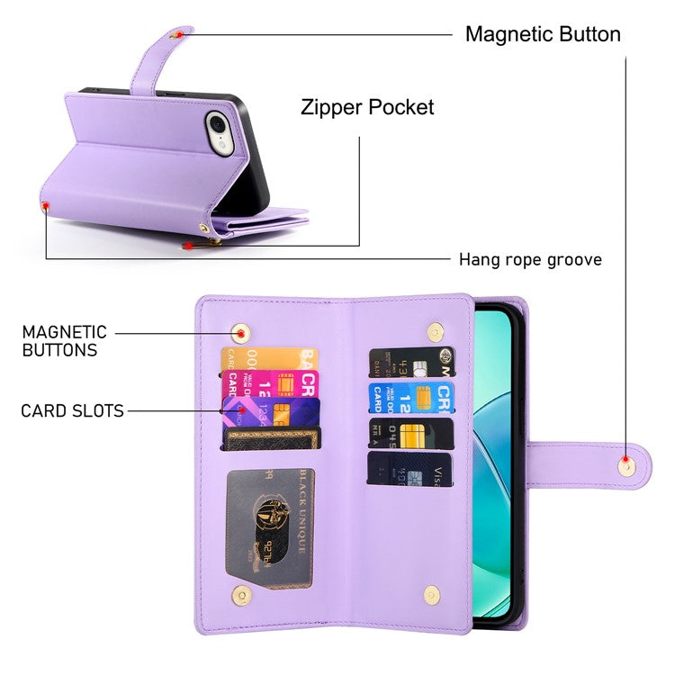 DF-011 For iPhone 16e Case Zipper Wallet PU Leather Crossbody Phone Bag - Purple