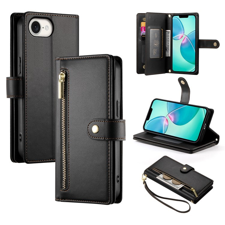 DF-011 For iPhone 16e Case Zipper Wallet PU Leather Crossbody Phone Bag - Black
