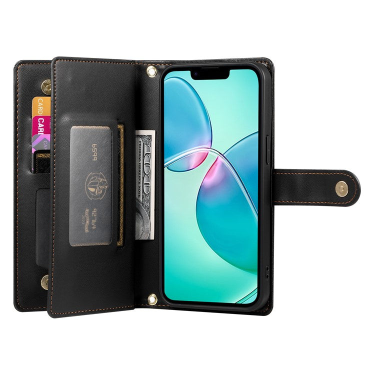 DF-011 For iPhone 16e Case Zipper Wallet PU Leather Crossbody Phone Bag - Black