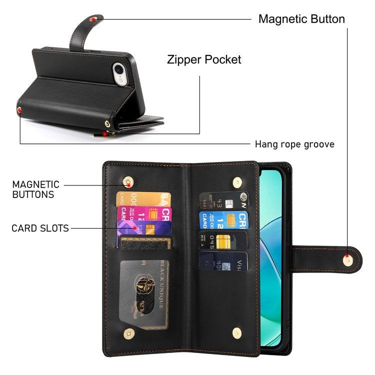 DF-011 For iPhone 16e Case Zipper Wallet PU Leather Crossbody Phone Bag - Black