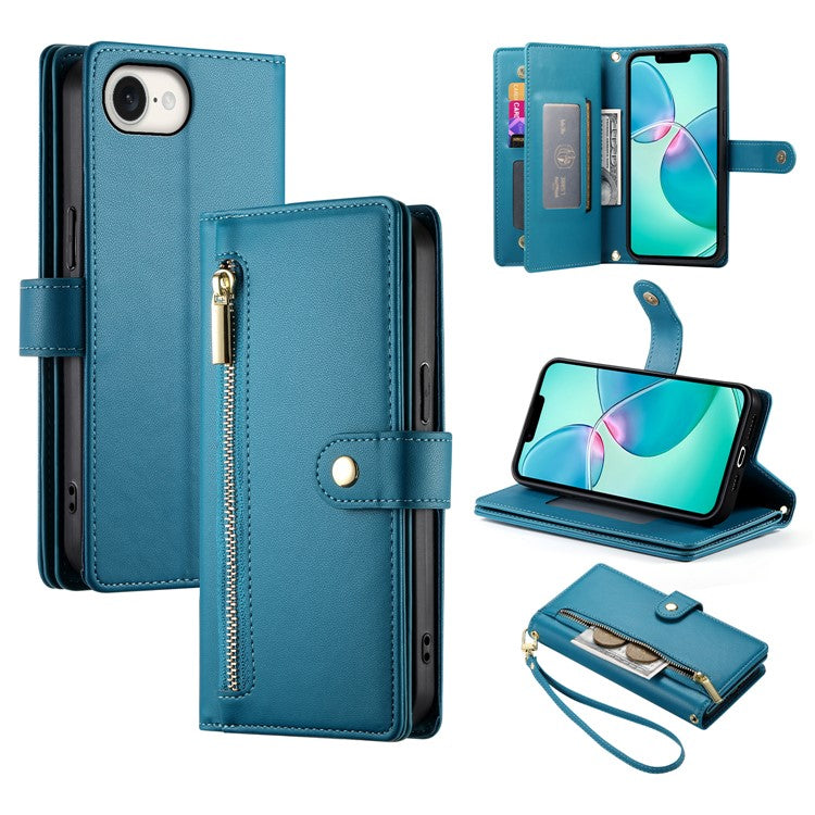 DF-011 For iPhone 16e Case Zipper Wallet PU Leather Crossbody Phone Bag - Blue
