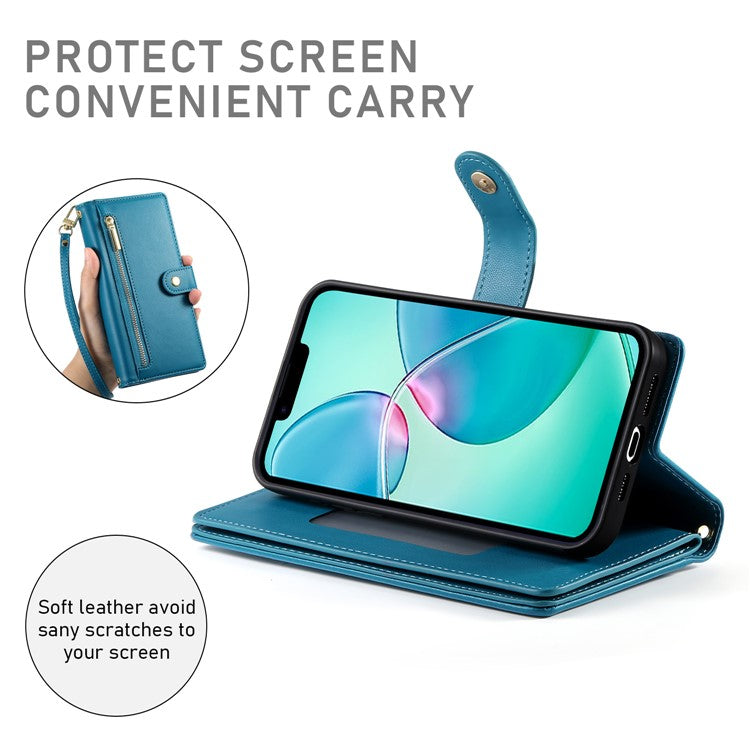 DF-011 For iPhone 16e Case Zipper Wallet PU Leather Crossbody Phone Bag - Blue