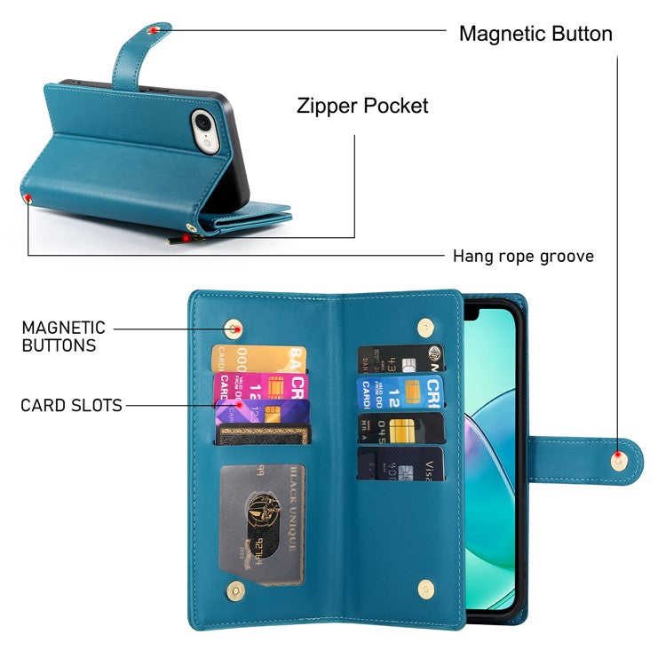 DF-011 For iPhone 16e Case Zipper Wallet PU Leather Crossbody Phone Bag - Blue