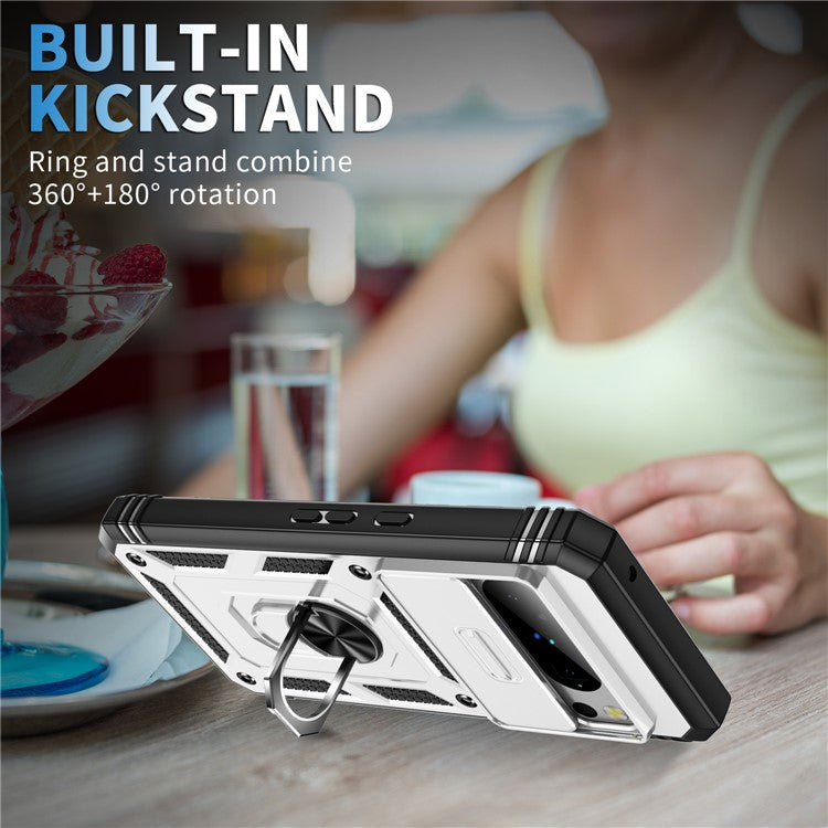 For Google Pixel 8 Pro Case Camshield Ring Holder Kickstand TPU+PC Phone Cover - White