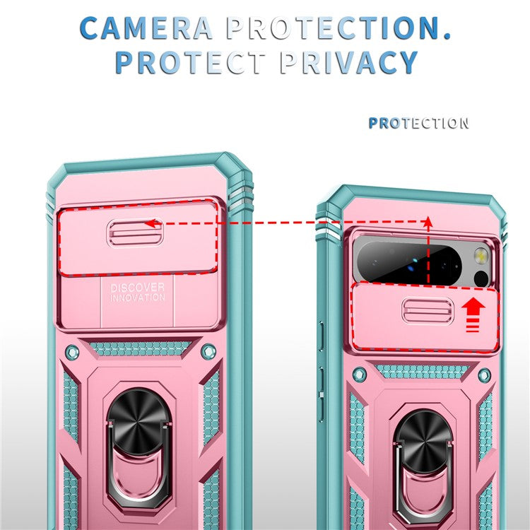 For Google Pixel 8 Pro Case Camshield Ring Holder Kickstand TPU+PC Phone Cover - Pink+Green