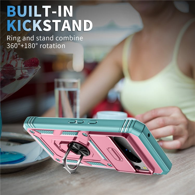 For Google Pixel 8 Pro Case Camshield Ring Holder Kickstand TPU+PC Phone Cover - Pink+Green