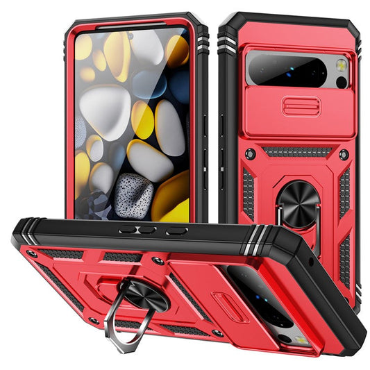 For Google Pixel 8 Pro Case Camshield Ring Holder Kickstand TPU+PC Phone Cover - Black+Red