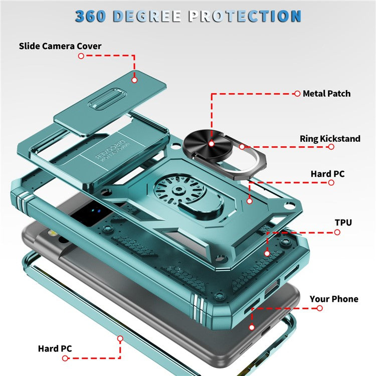 For Google Pixel 8 Pro Case Camshield Ring Holder Kickstand TPU+PC Phone Cover - Green