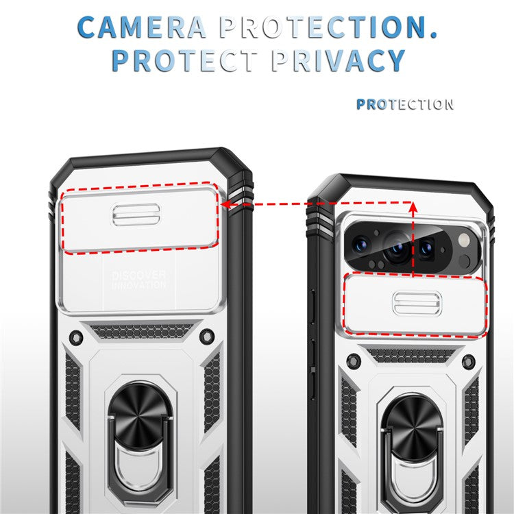 For Google Pixel 9 Pro XL Case Slide Lens Cover Kickstand TPU+PC Phone Protector - White