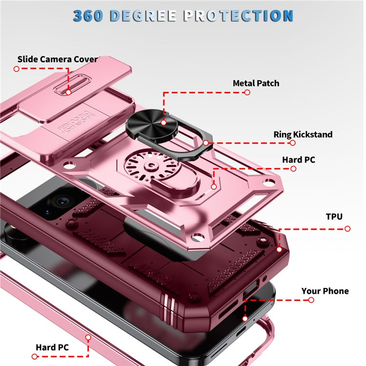 For Google Pixel 9 Pro XL Case Slide Lens Cover Kickstand TPU+PC Phone Protector - Dark Red