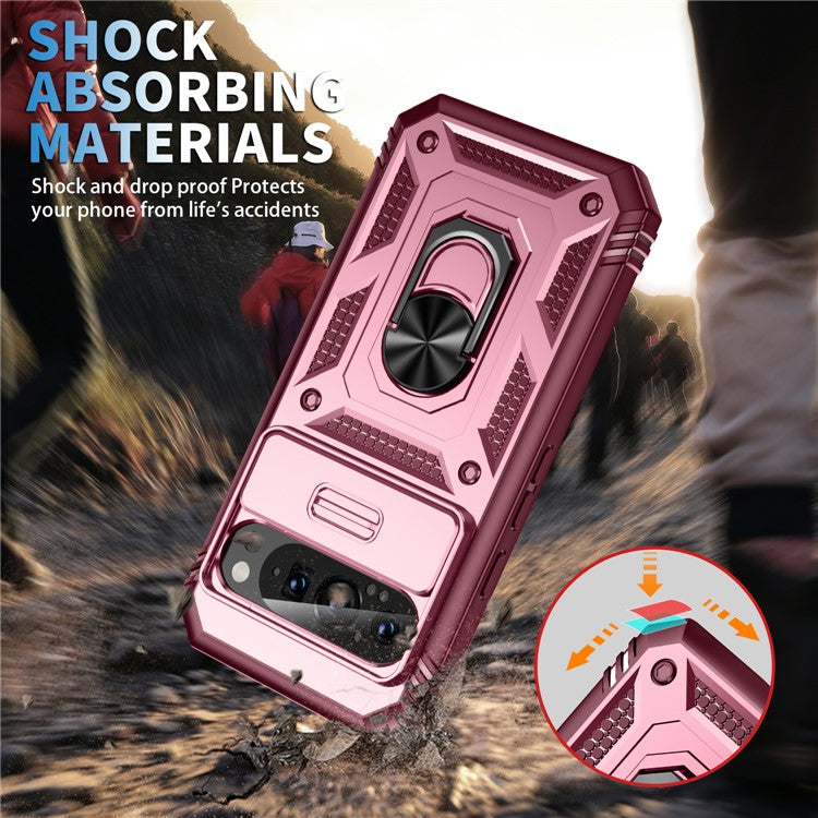 For Google Pixel 9 Pro XL Case Slide Lens Cover Kickstand TPU+PC Phone Protector - Dark Red