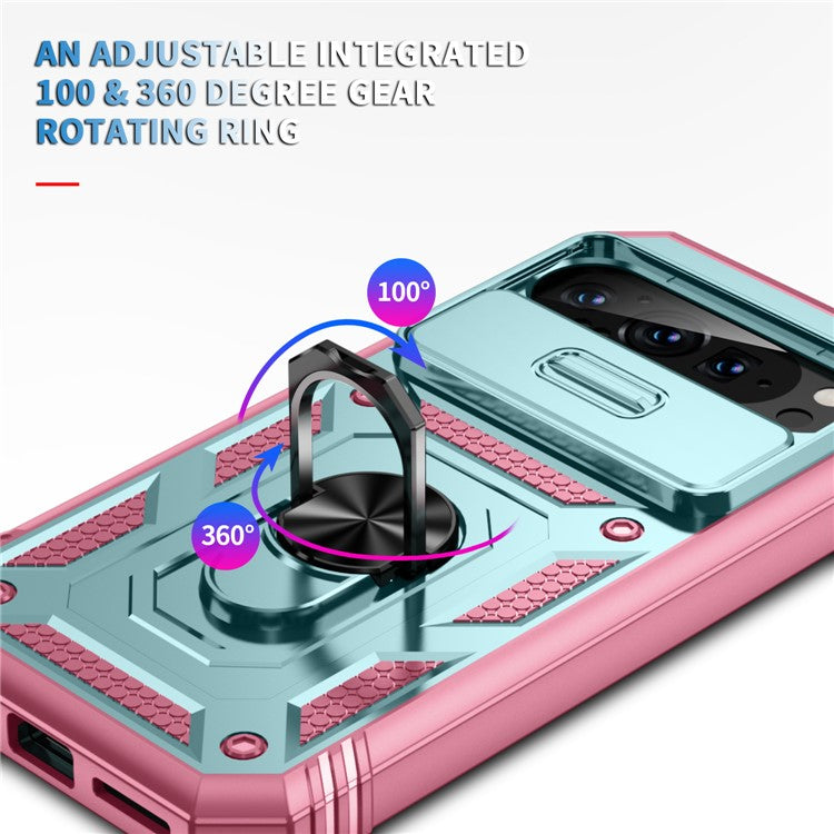 For Google Pixel 9 Pro XL Case Slide Lens Cover Kickstand TPU+PC Phone Protector - Green+Pink
