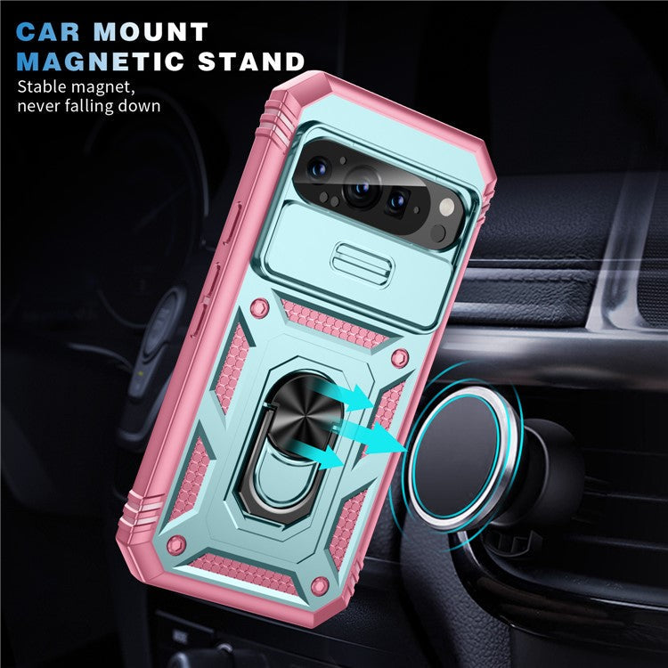 For Google Pixel 9 Pro XL Case Slide Lens Cover Kickstand TPU+PC Phone Protector - Green+Pink