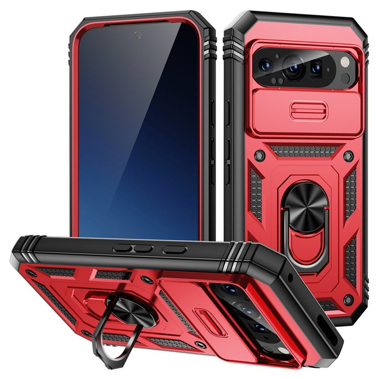 For Google Pixel 9 Pro XL Case Slide Lens Cover Kickstand TPU+PC Phone Protector - Black+Red