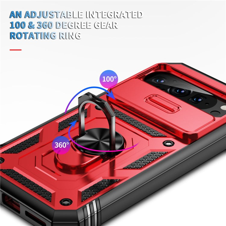 For Google Pixel 9 Pro XL Case Slide Lens Cover Kickstand TPU+PC Phone Protector - Black+Red