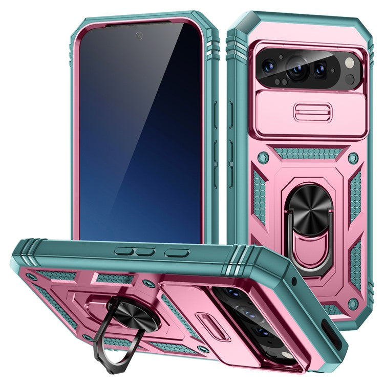 For Google Pixel 9 Pro XL Case Slide Lens Cover Kickstand TPU+PC Phone Protector - Pink+Green