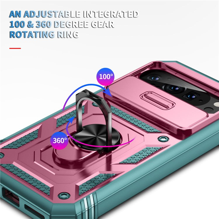 For Google Pixel 9 Pro XL Case Slide Lens Cover Kickstand TPU+PC Phone Protector - Pink+Green