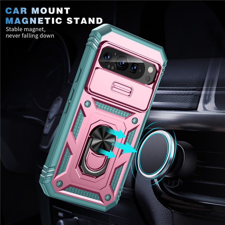 For Google Pixel 9 Pro XL Case Slide Lens Cover Kickstand TPU+PC Phone Protector - Pink+Green