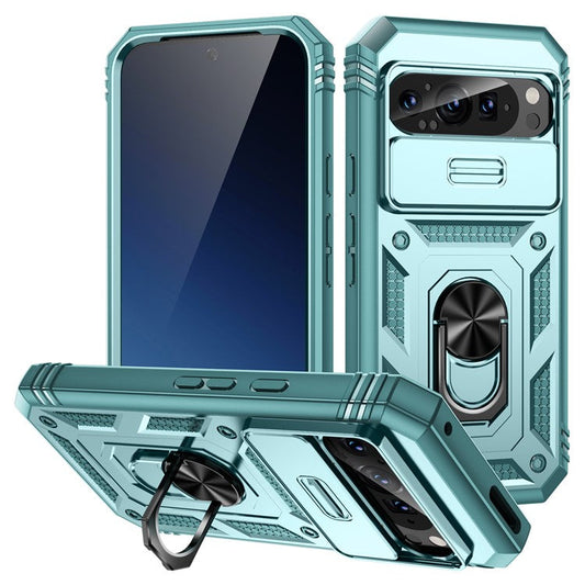 For Google Pixel 9 Pro XL Case Slide Lens Cover Kickstand TPU+PC Phone Protector - Green