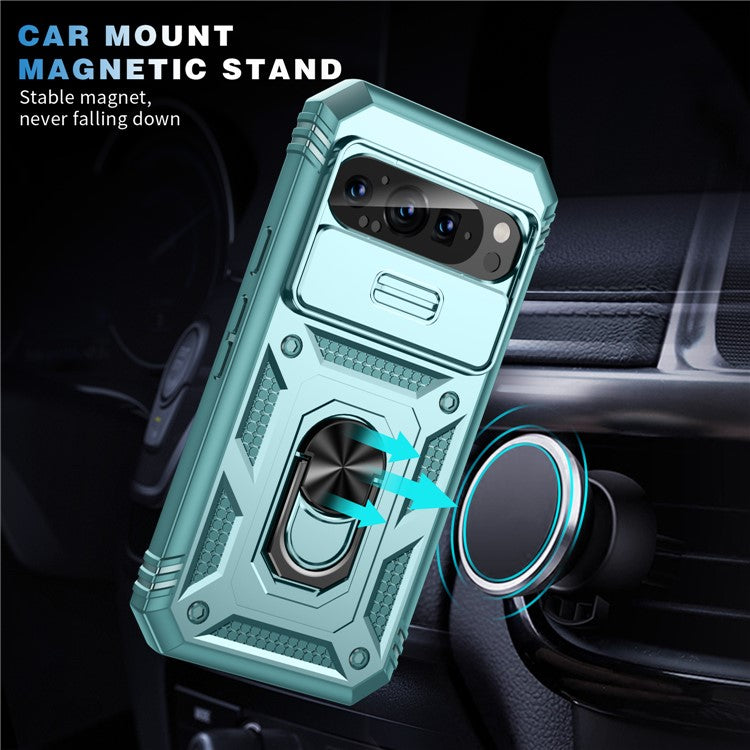 For Google Pixel 9 Pro XL Case Slide Lens Cover Kickstand TPU+PC Phone Protector - Green