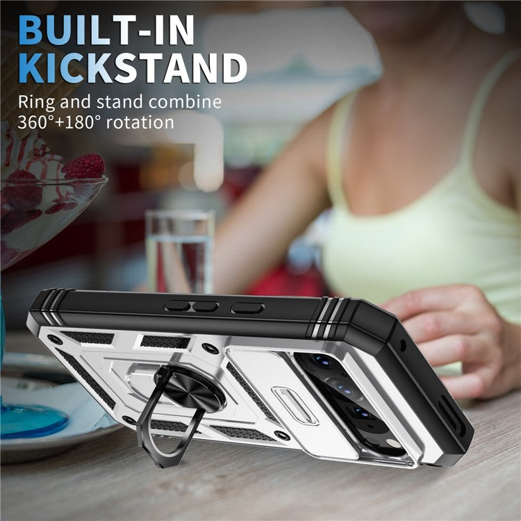 For Google Pixel 9 / Pixel 9 Pro Case Camshield Rotary Kickstand TPU+PC Phone Cover - White