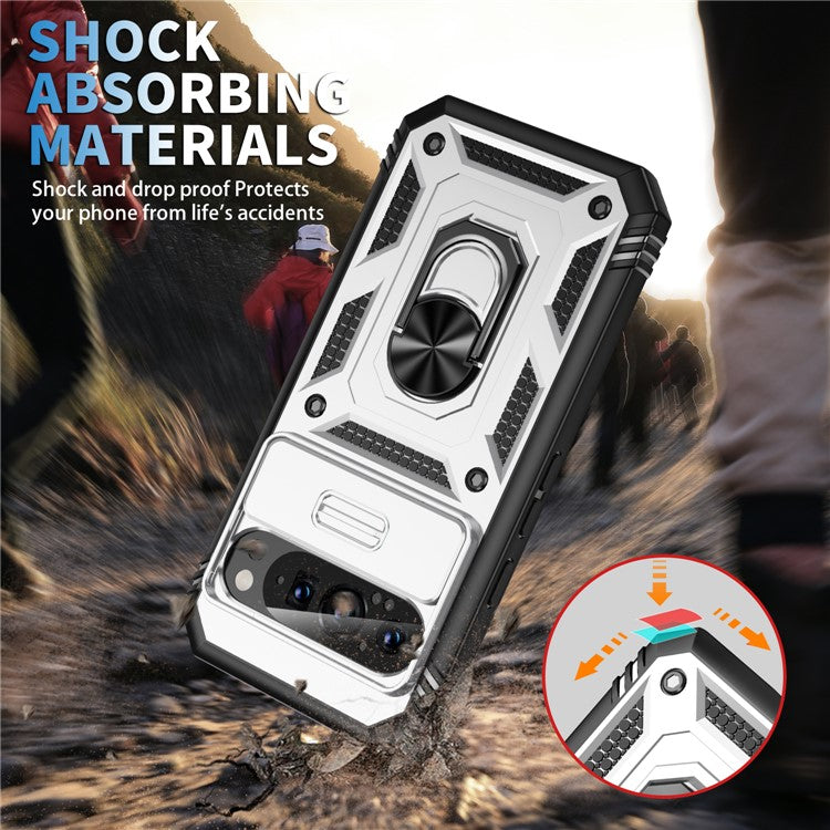 For Google Pixel 9 / Pixel 9 Pro Case Camshield Rotary Kickstand TPU+PC Phone Cover - White