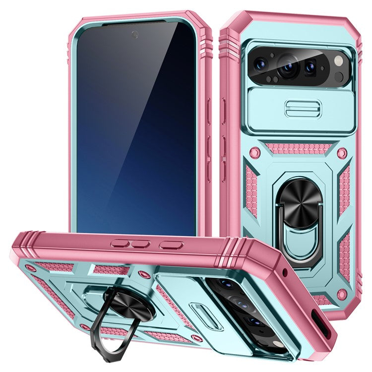 For Google Pixel 9 / Pixel 9 Pro Case Camshield Rotary Kickstand TPU+PC Phone Cover - Green+Pink