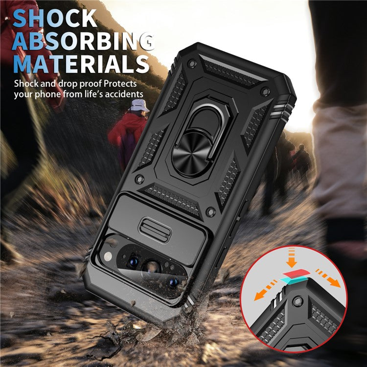 For Google Pixel 9 / Pixel 9 Pro Case Camshield Rotary Kickstand TPU+PC Phone Cover - Black