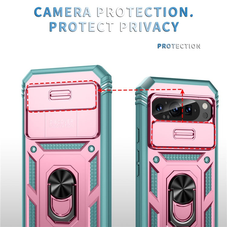 For Google Pixel 9 / Pixel 9 Pro Case Camshield Rotary Kickstand TPU+PC Phone Cover - Pink+Green