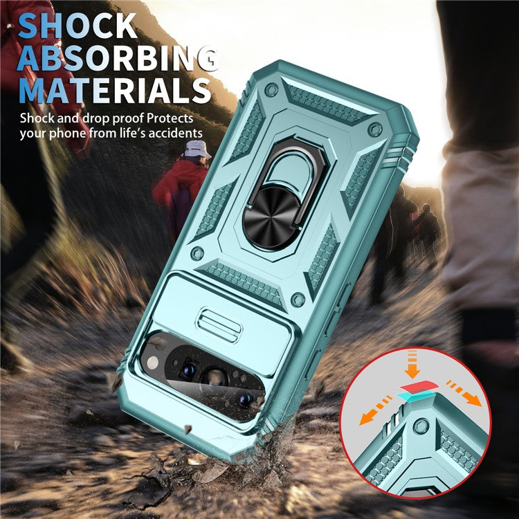 For Google Pixel 9 / Pixel 9 Pro Case Camshield Rotary Kickstand TPU+PC Phone Cover - Green