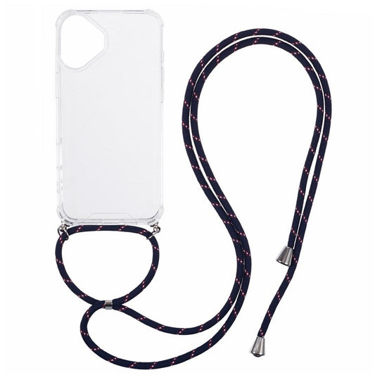 For iPhone 16 Plus Clear Case Acrylic + TPU Corners Shockproof Phone Cover with Lanyard - Blue+Red