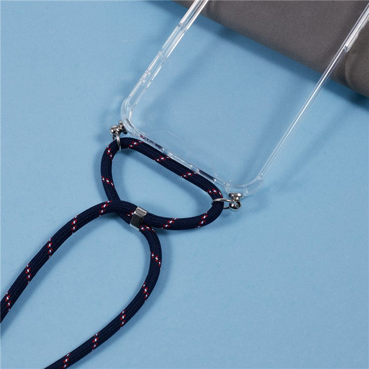 For iPhone 16 Plus Clear Case Acrylic + TPU Corners Shockproof Phone Cover with Lanyard - Blue+Red