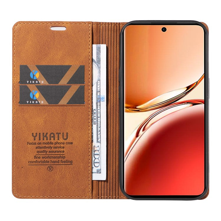 YIKATU YK-004 For Oppo Reno12 F 4G Case Leather Magnetic Auto-absorbed Phone Cover Skin-touch - Brown