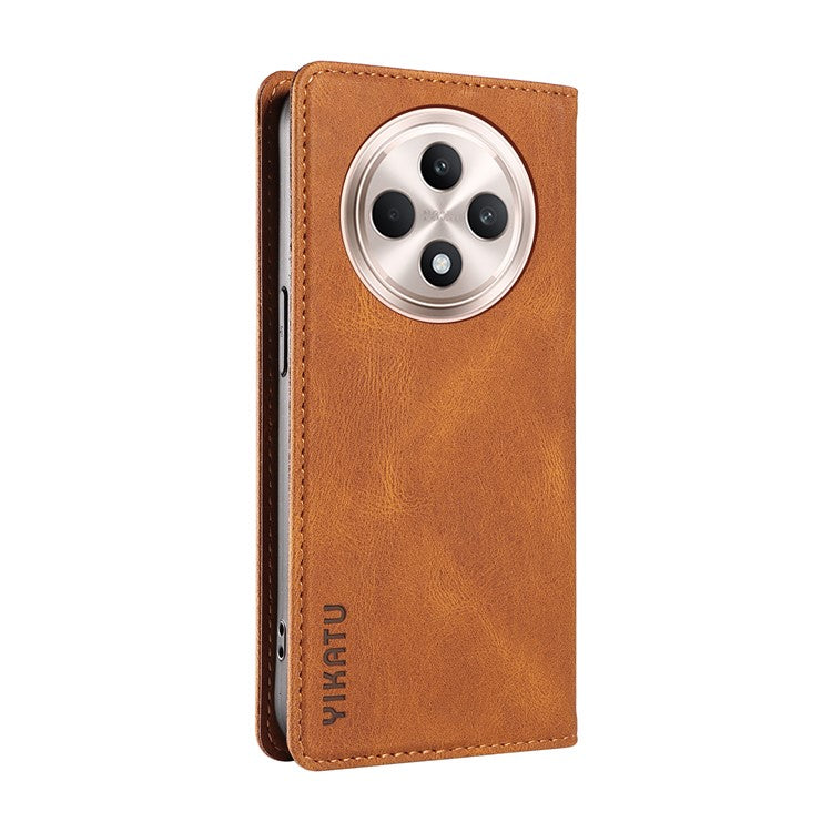 YIKATU YK-004 For Oppo Reno12 F 4G Case Leather Magnetic Auto-absorbed Phone Cover Skin-touch - Brown