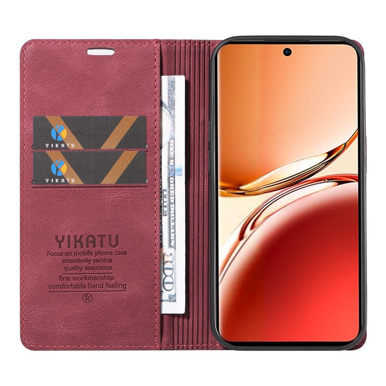 YIKATU YK-004 For Oppo Reno12 F 4G Case Leather Magnetic Auto-absorbed Phone Cover Skin-touch - Wine Red