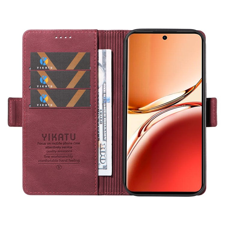 YIKATU YK-005 For Oppo Reno12 F 4G Case PU Leather Skin-touch Phone Cover Folding Stand - Wine Red