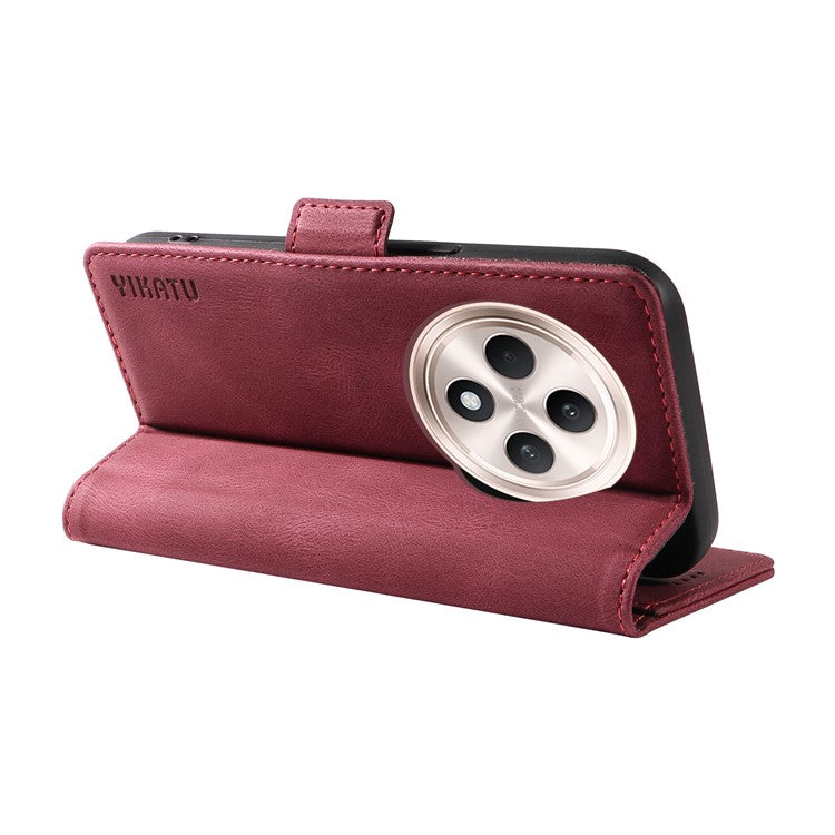 YIKATU YK-005 For Oppo Reno12 F 4G Case PU Leather Skin-touch Phone Cover Folding Stand - Wine Red