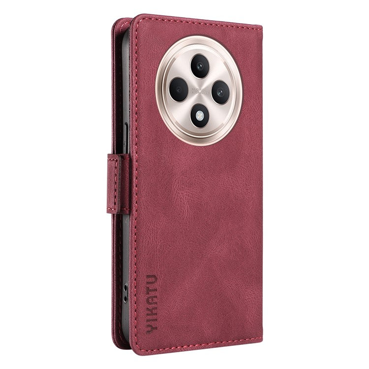 YIKATU YK-005 For Oppo Reno12 F 4G Case PU Leather Skin-touch Phone Cover Folding Stand - Wine Red