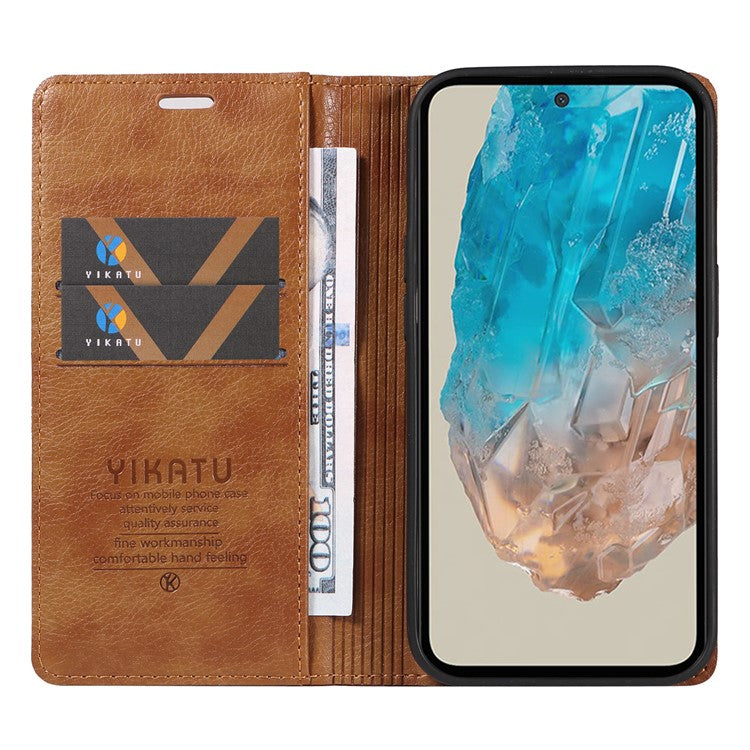 YIKATU YK-006 For Samsung Galaxy M35 5G Case Litchi Grain Leather Wallet Phone Cover - Brown