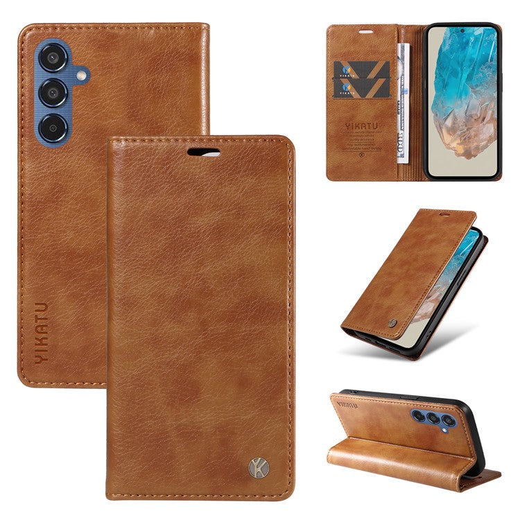 YIKATU YK-006 For Samsung Galaxy M35 5G Case Litchi Grain Leather Wallet Phone Cover - Brown