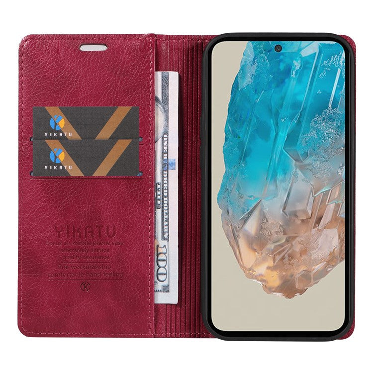 YIKATU YK-006 For Samsung Galaxy M35 5G Case Litchi Grain Leather Wallet Phone Cover - Wine Red