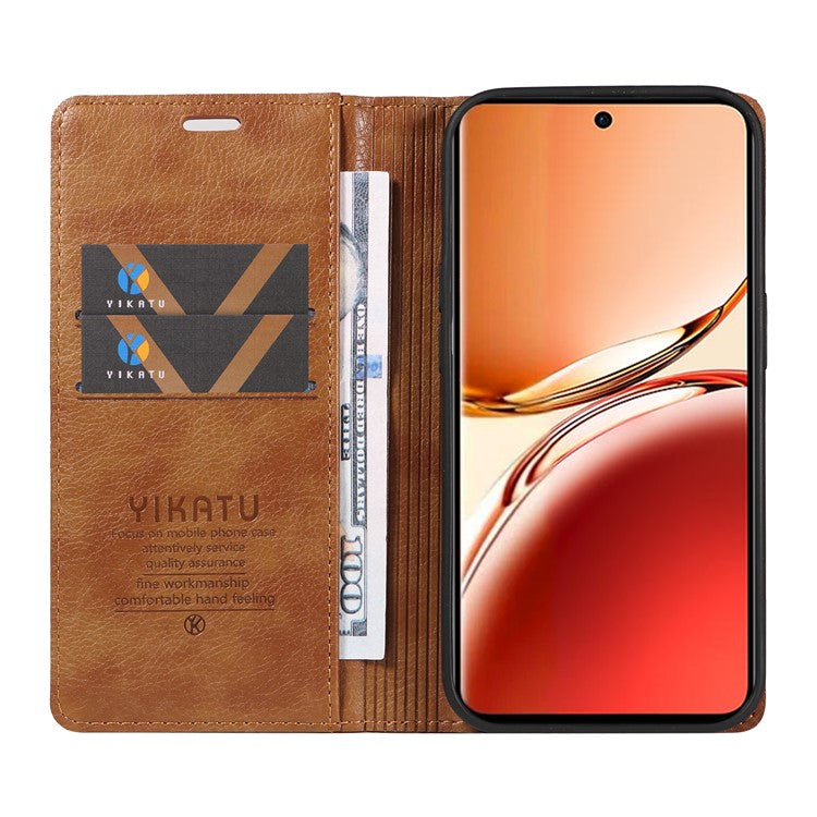 YIKATU YK-006 For Oppo Reno12 F 4G Case Wallet Litchi Grain Leather Phone Cover Magnetic Auto-Absorbed - Brown