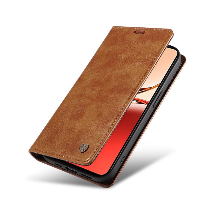 YIKATU YK-006 For Oppo Reno12 F 4G Case Wallet Litchi Grain Leather Phone Cover Magnetic Auto-Absorbed - Brown