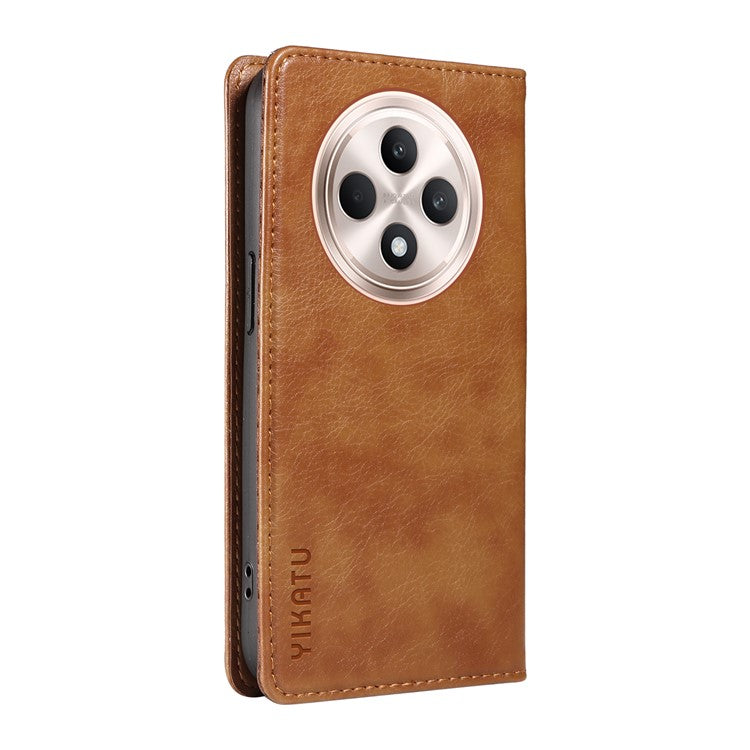 YIKATU YK-006 For Oppo Reno12 F 4G Case Wallet Litchi Grain Leather Phone Cover Magnetic Auto-Absorbed - Brown